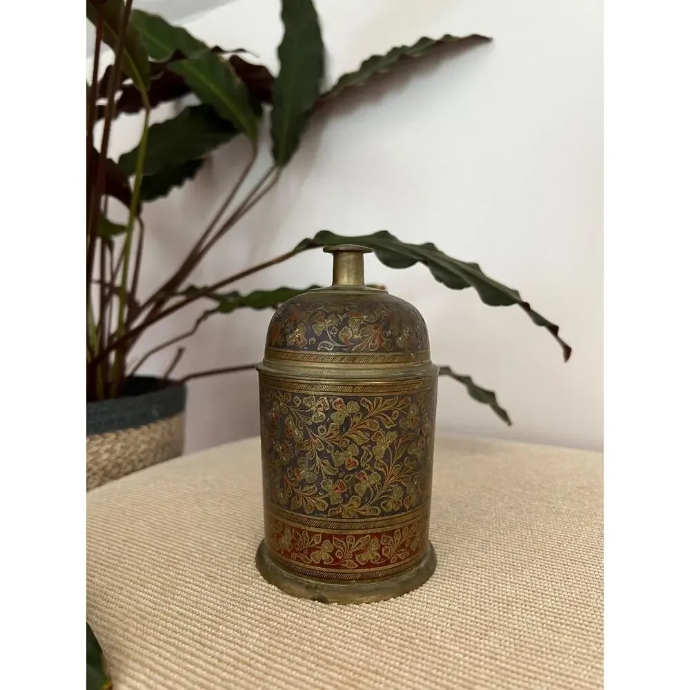 Vintage Brass Lidded Canister Hand Etched Bell Top Jar Bohemian Trinket Box